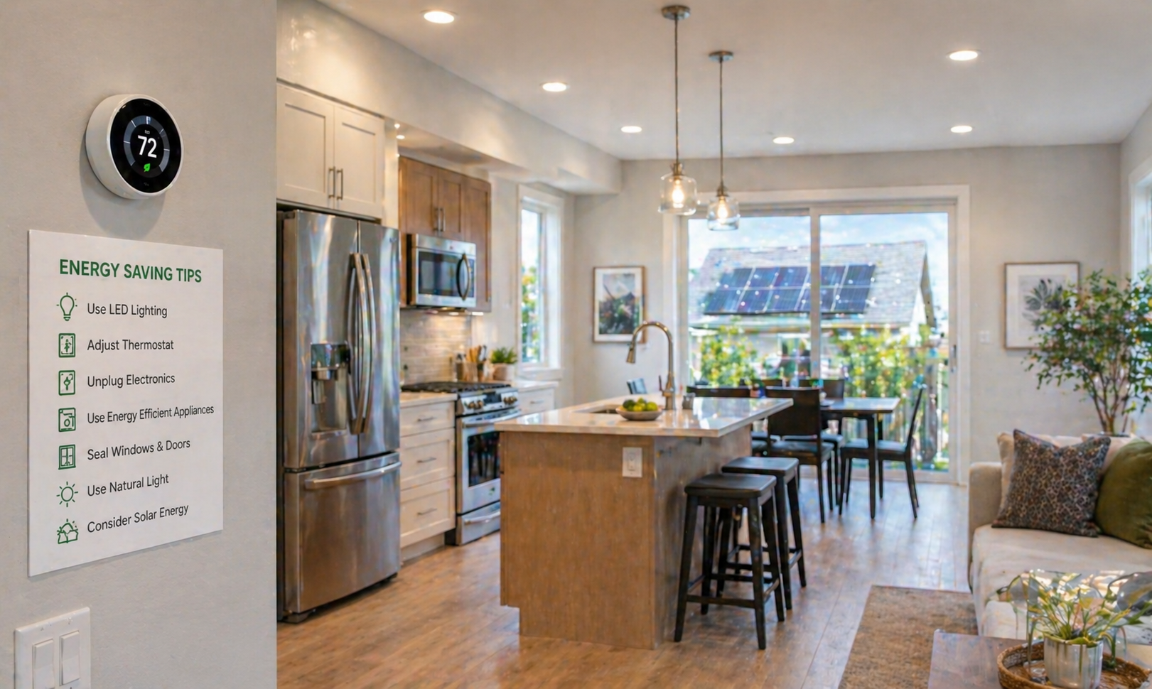 Modern home showcasing energy saving tips for modern homes including smart thermostat and efficient lighting