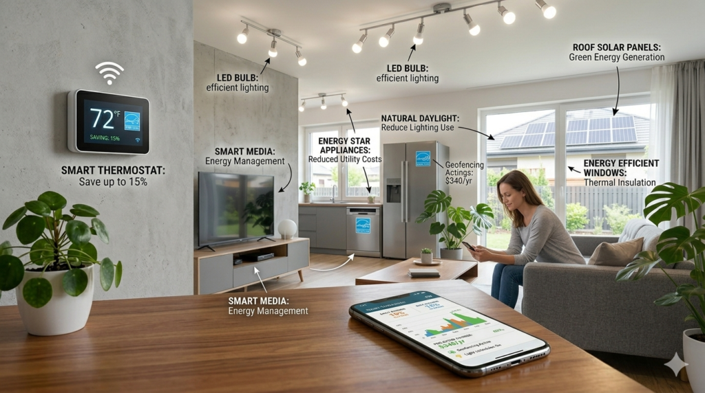 Modern home showcasing energy saving tips for modern homes including smart thermostat and efficient lighting