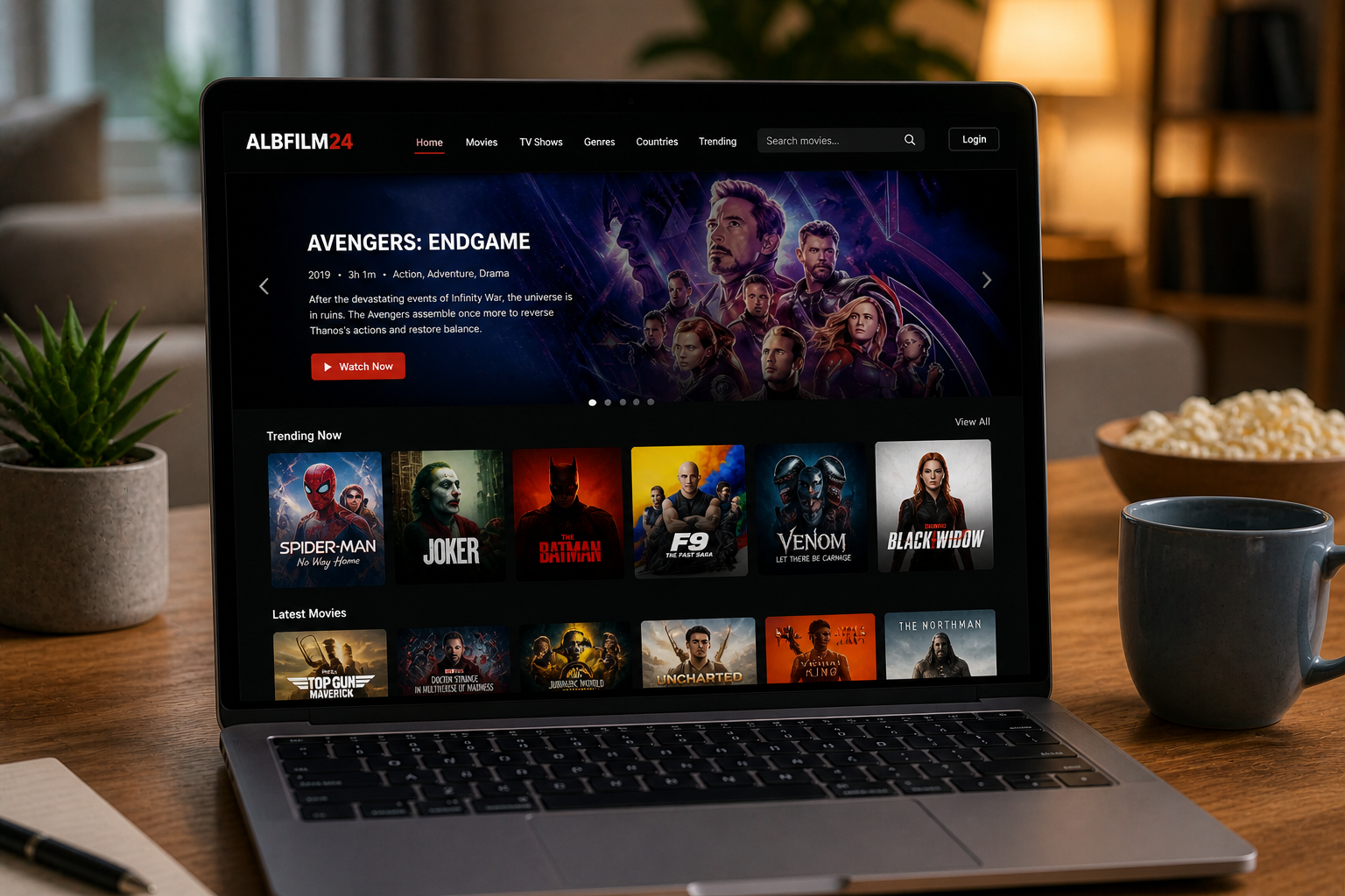 Albfilm24 streaming platform showing movie collection on laptop screen for online viewing